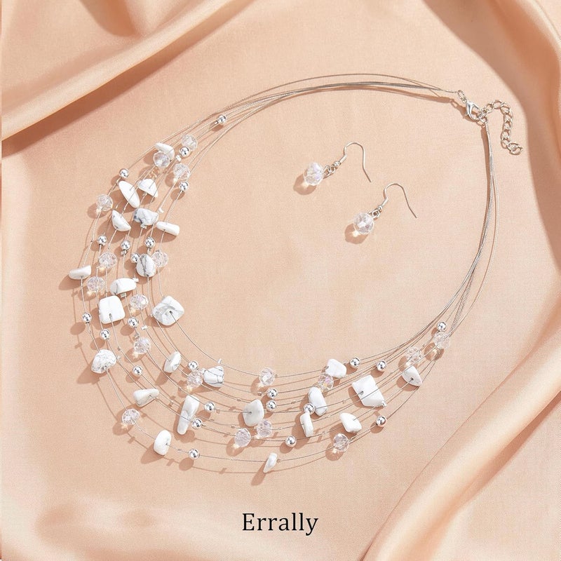 Errally Store Multi-Layer Boho Shell Beaded Necklace for Women Colorful Crystal Strand with Silver Beads Statement Collars Necklace and Earrings Costumes Jewelry Sets for Women - Image 2